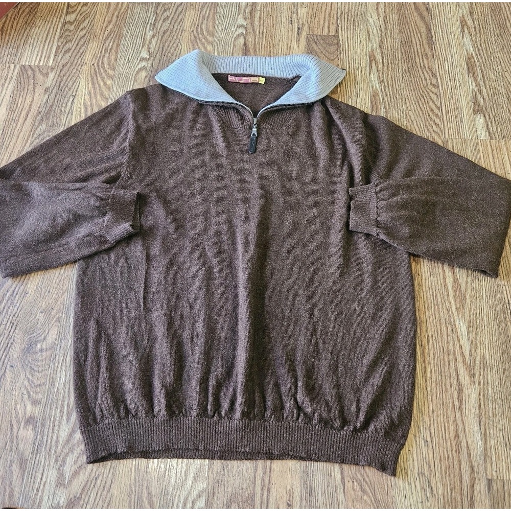 Kuna Baby Alpaca 1/4 Zip Sweater Men XXL Brown Stretch Soft Preppy Minimalist